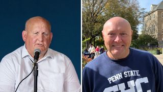 Left: photo of grumpy man at a microphone. Right: photo of a smiling man in a t-shirt.