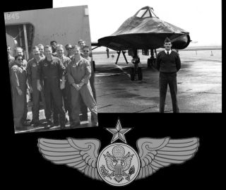 Black and white photos of men in military uniform, one standing in front of an SR-71 Blackbird, with a military badge below showing a star and wings.