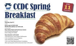 Photo of a croissant with text advertising CCDC Spring Breakfast