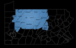 Map of Pennsylvania with the 15th Congressional district highlighted with blue marker, the counties are labeled.